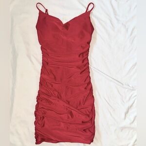 Elegant Satin Red Ruched Dress